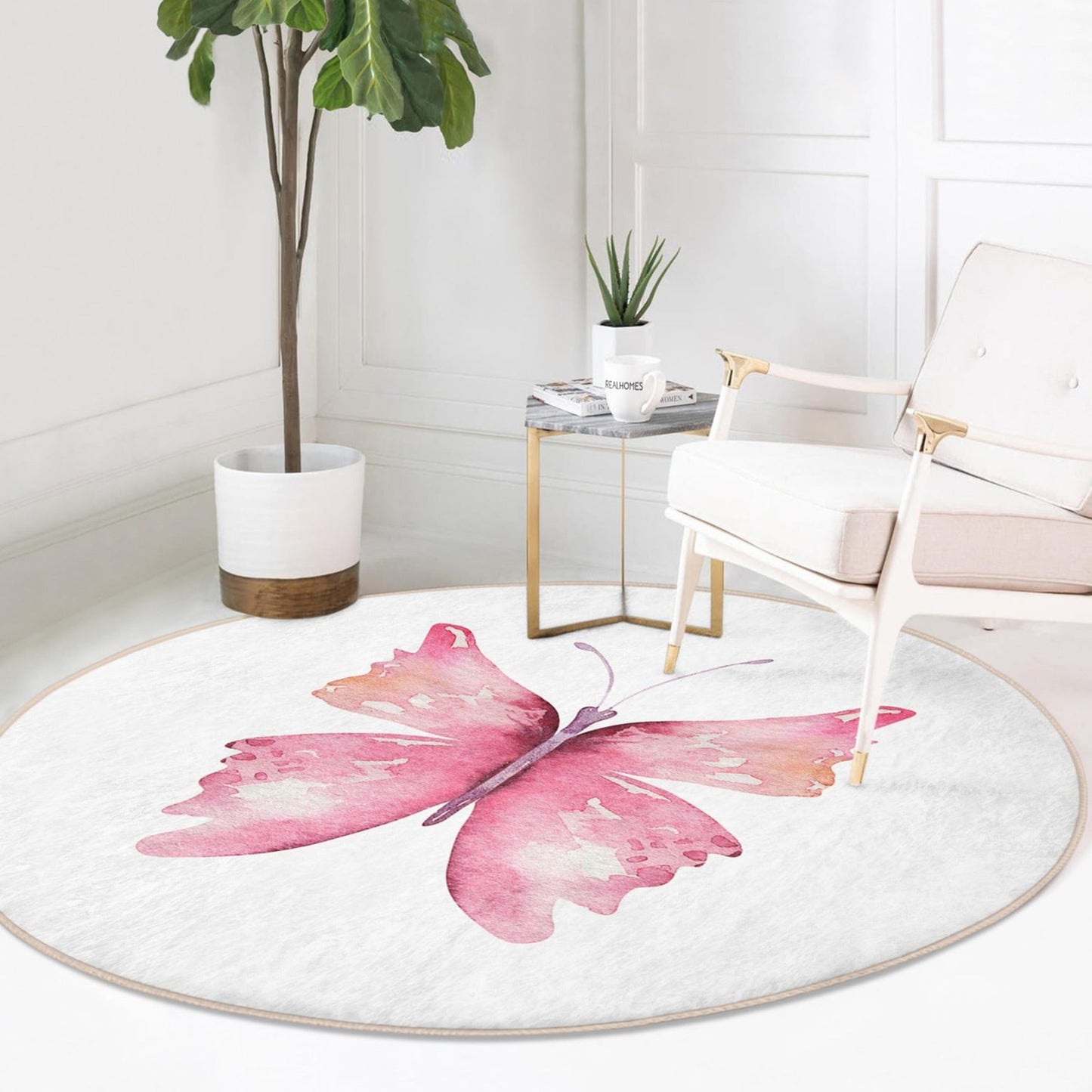 Pink Butterfly Pattern Home Decor Washable Round Rug | Homeezone