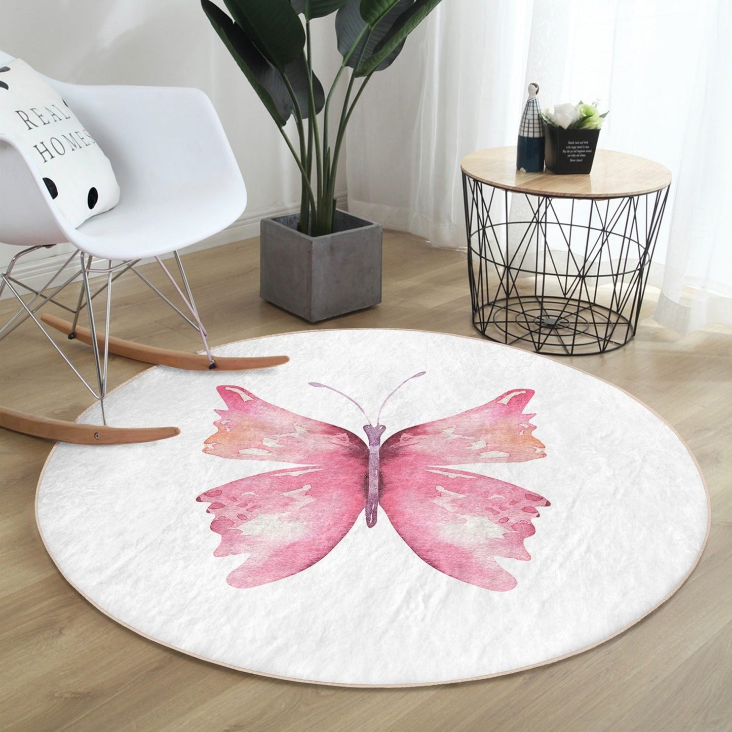 Pink Butterfly Pattern Home Decor Washable Round Rug | Homeezone