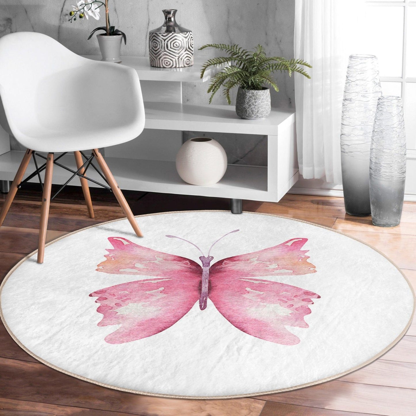 Pink Butterfly Pattern Home Decor Washable Round Rug | Homeezone