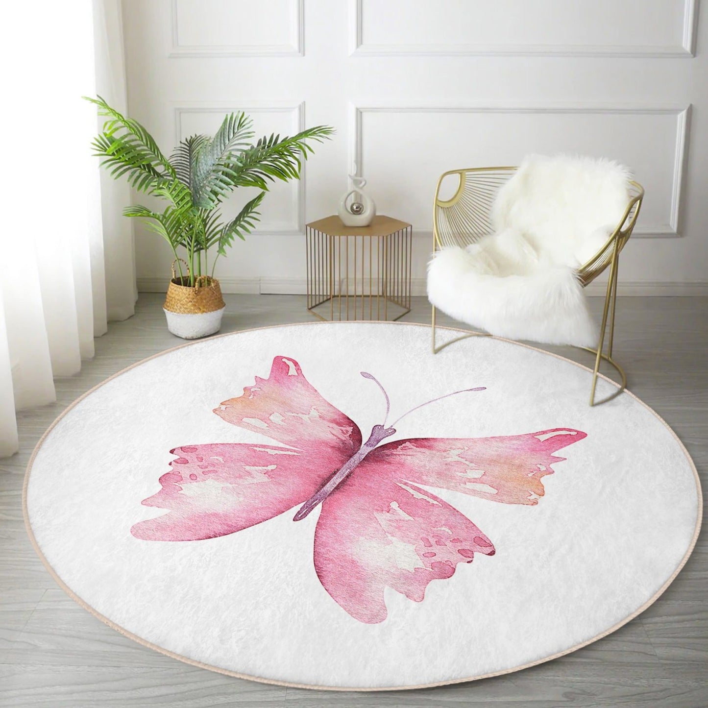 Pink Butterfly Pattern Home Decor Washable Round Rug | Homeezone