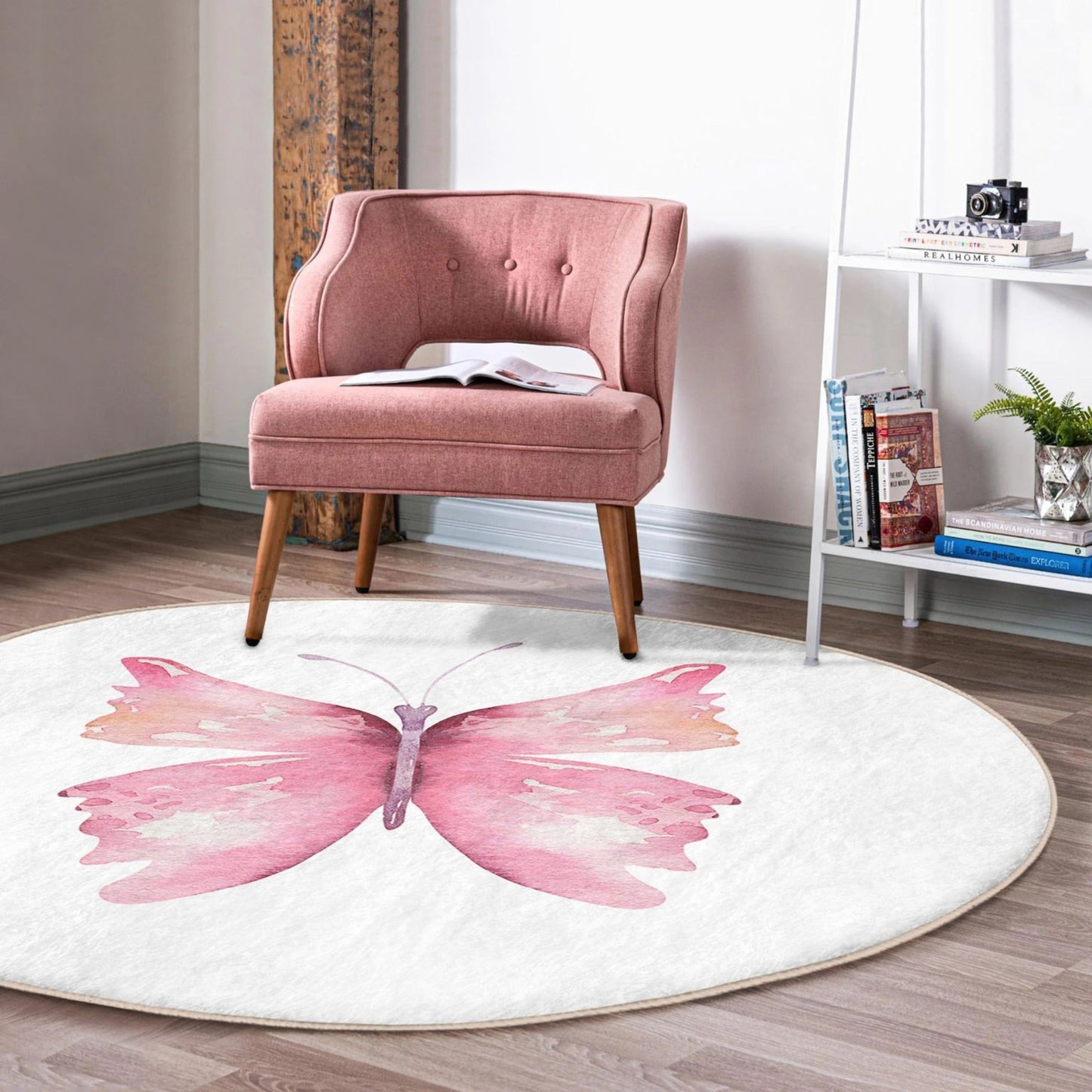 Pink Butterfly Pattern Home Decor Washable Round Rug | Homeezone