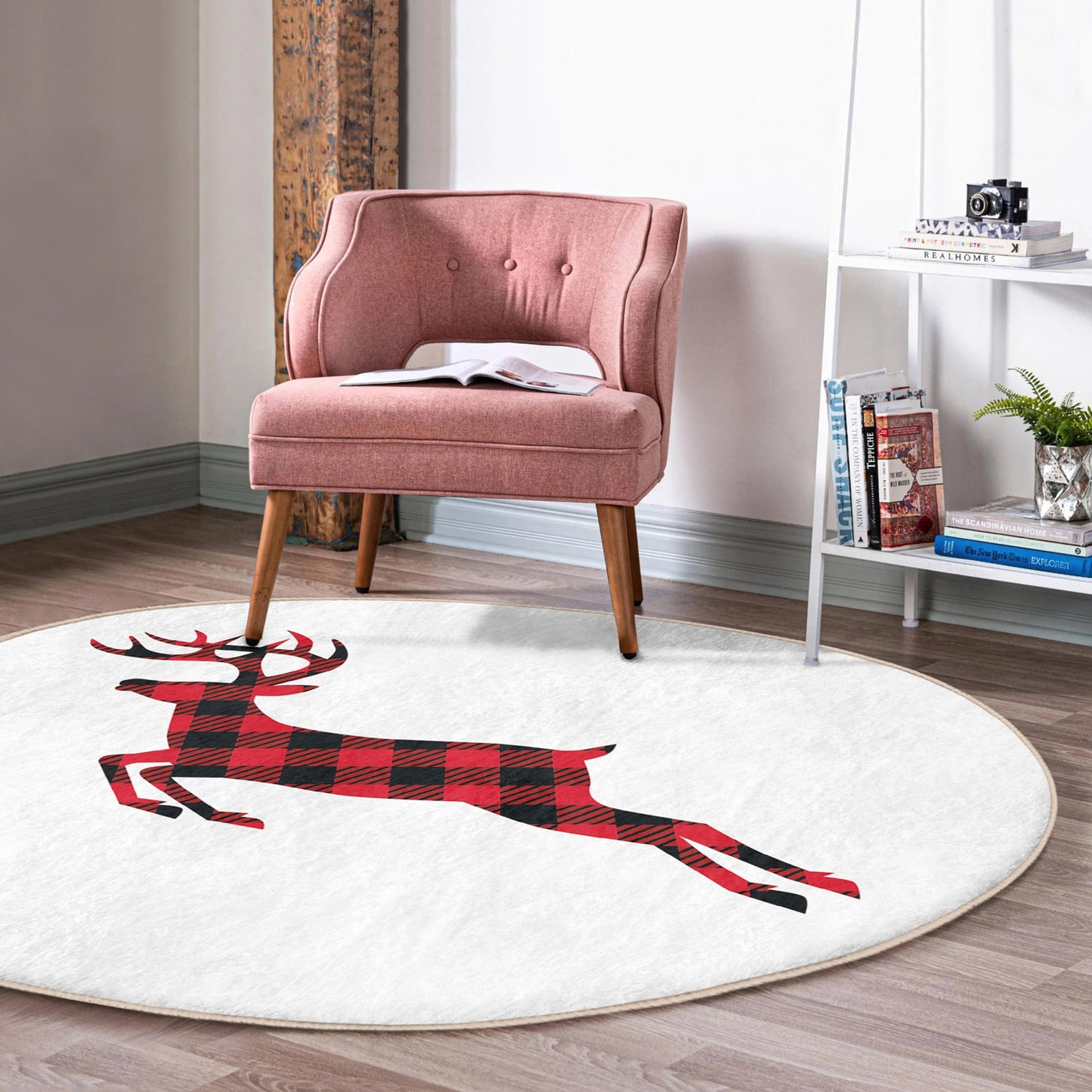 Winter Home Decor Red Deer Pattern Decorative Washable Round Rug |