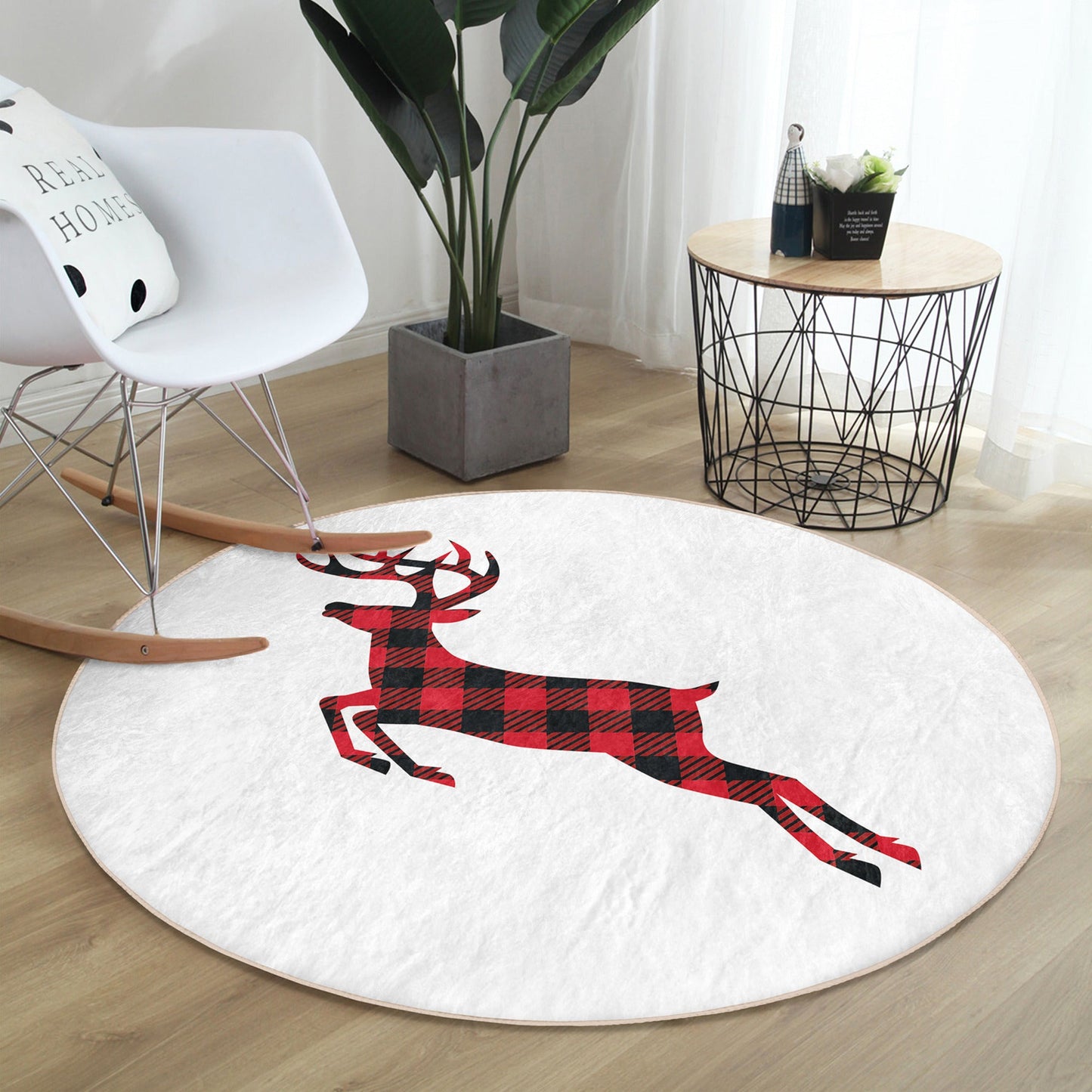 Winter Home Decor Red Deer Pattern Decorative Washable Round Rug |
