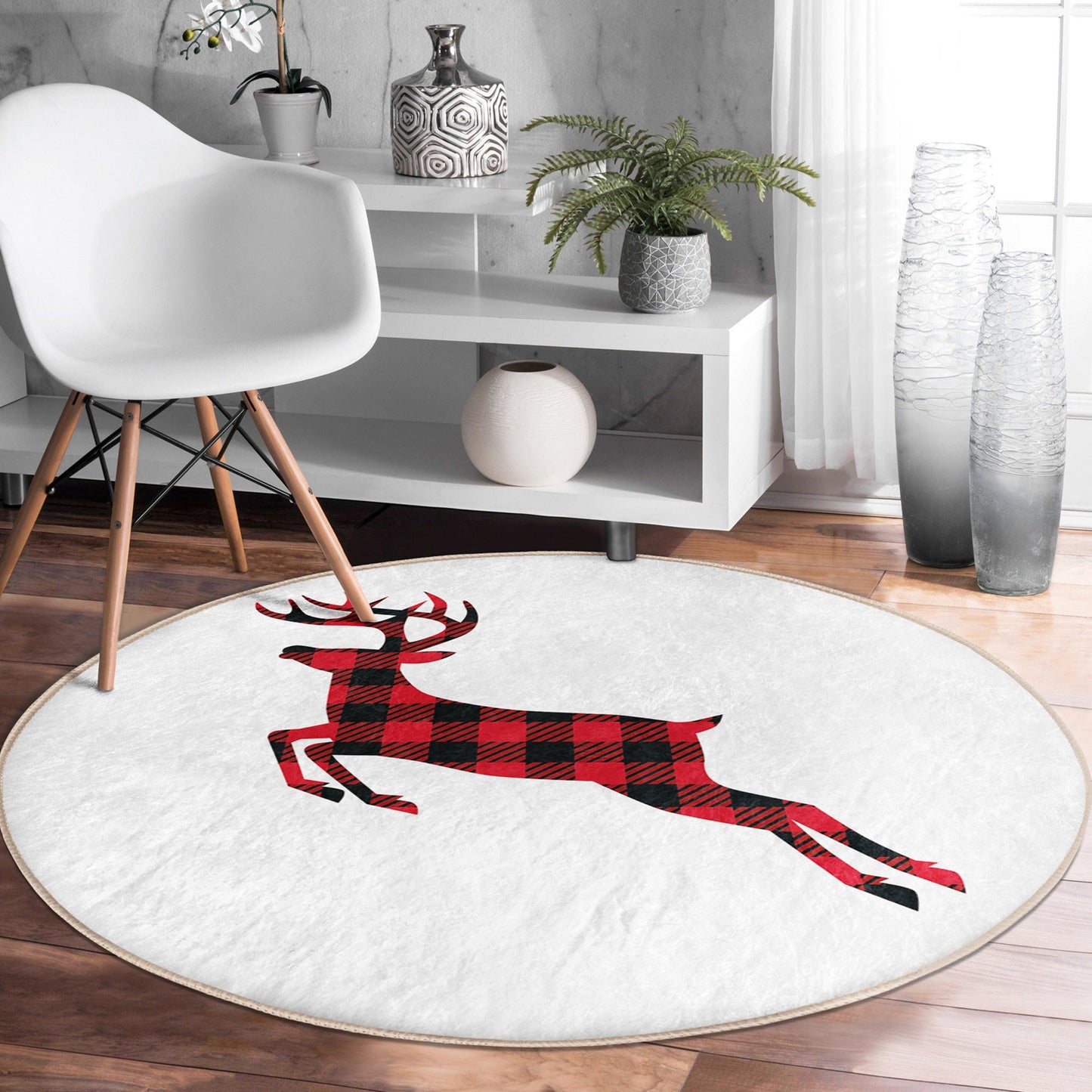 Winter Home Decor Red Deer Pattern Decorative Washable Round Rug |