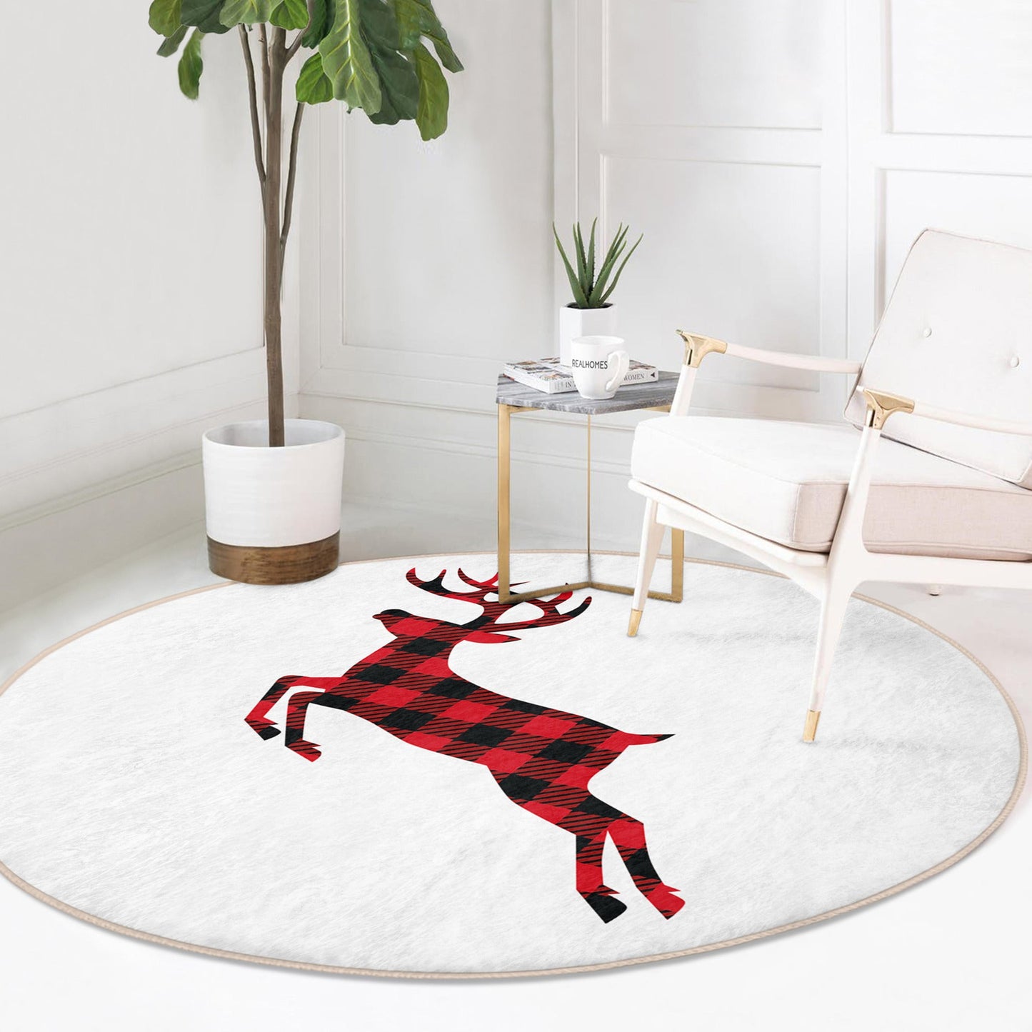 Winter Home Decor Red Deer Pattern Decorative Washable Round Rug |