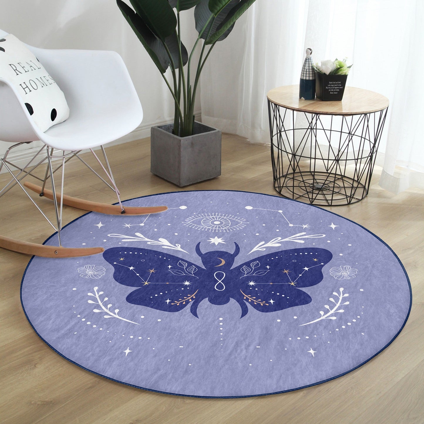 Purple Butterfly Pattern Boho Home Decor Washable Round Rug |