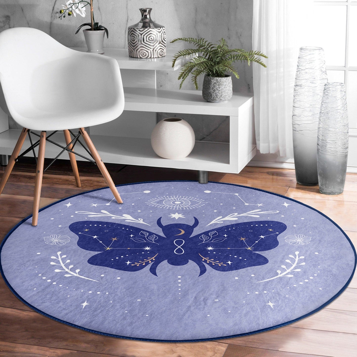 Purple Butterfly Pattern Boho Home Decor Washable Round Rug |