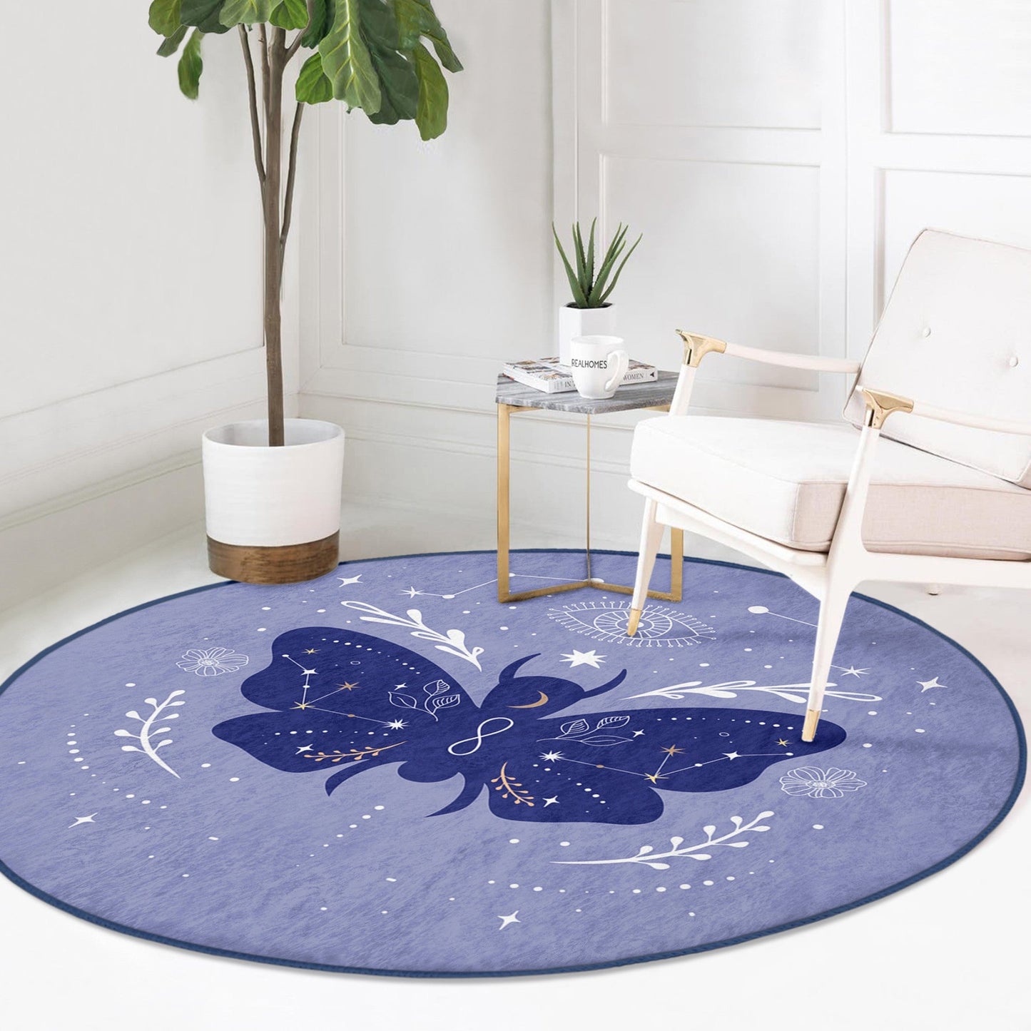 Purple Butterfly Pattern Boho Home Decor Washable Round Rug |