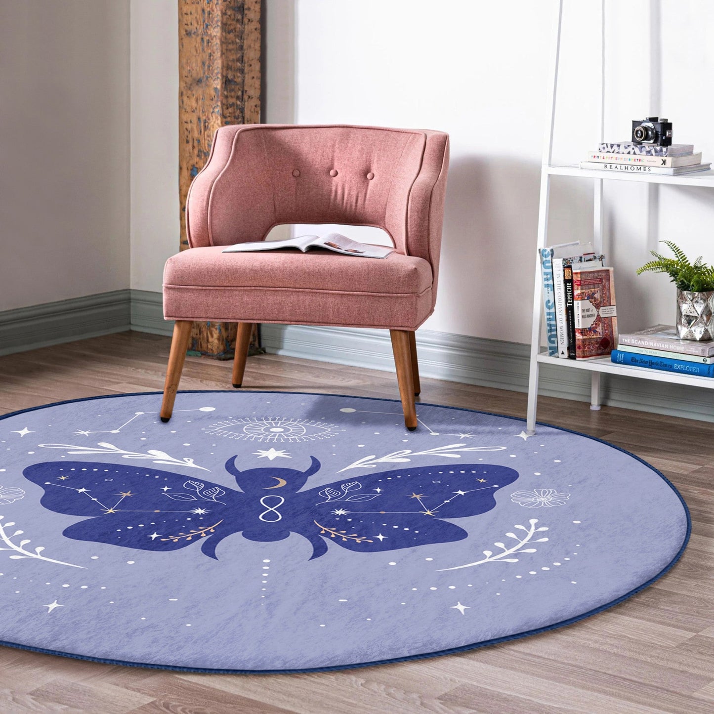 Purple Butterfly Pattern Boho Home Decor Washable Round Rug |