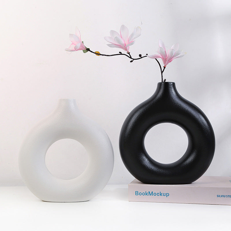 INS donut three-piece set of white ceramic vase ornaments dry flowers Nordic desktop home décor