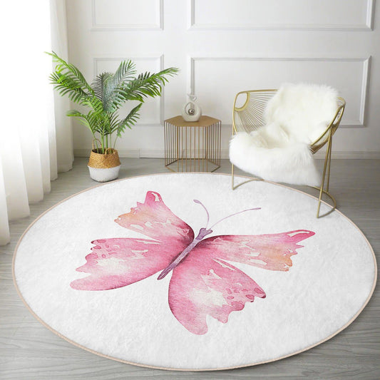 Pink Butterfly Pattern Home Decor Washable Round Rug | Homeezone